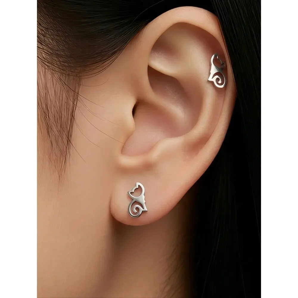 Cat Outline Stud Earrings Dainty Stainless Steel Minimalist Pet Lover Silver